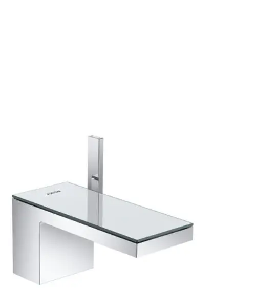 Waschtischmischer in Chrom mit Glasoberfläche, ausgestattet mit einem Hebel und einer Push-Open Ablaufgarnitur, entworfen von AXOR.